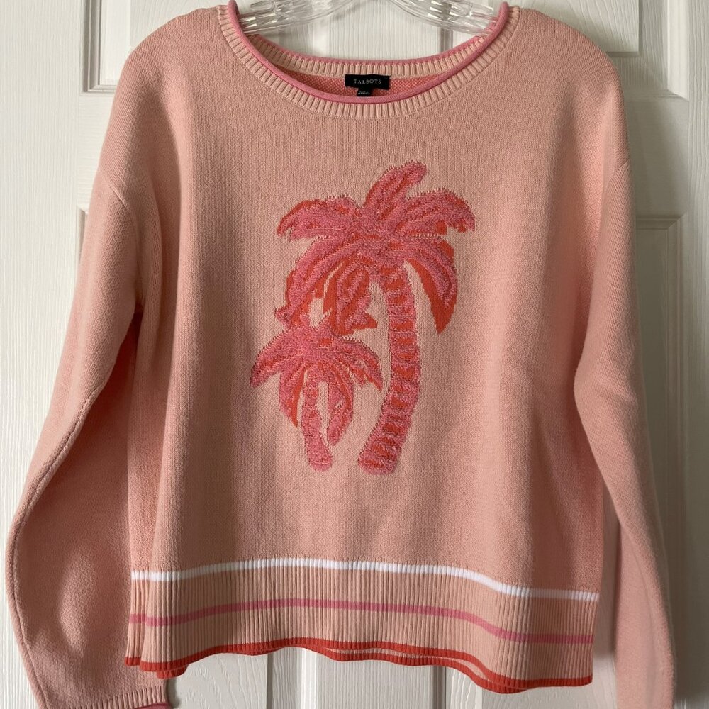 Stunning jacquard crewneck pullover with tropical palms. Size M-new without tags